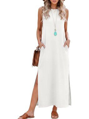 Women's White Summer Maxi Long Dress Sleeveless Side Slit Casual With Pockets